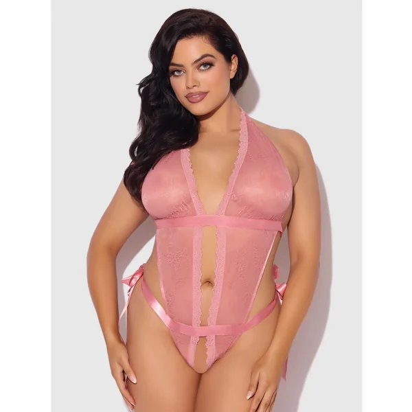 Kiki Lace & Satin Drop Off Teddy - Rose 1X/2X