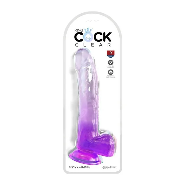 King Cock Clear Dildo with Balls 9in - Purple