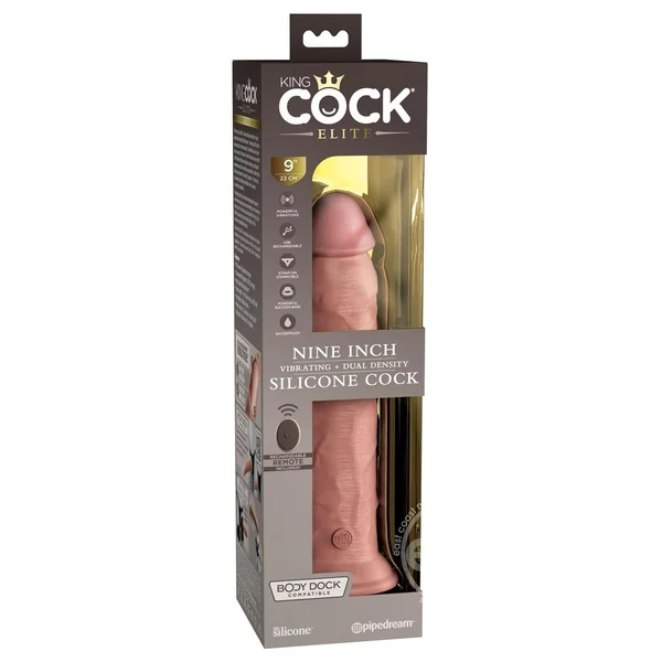 King Cock Elite Dual Density Vibrating Rechargeable Silicone Dildo with Remote Control Dildo 9in - Vanilla