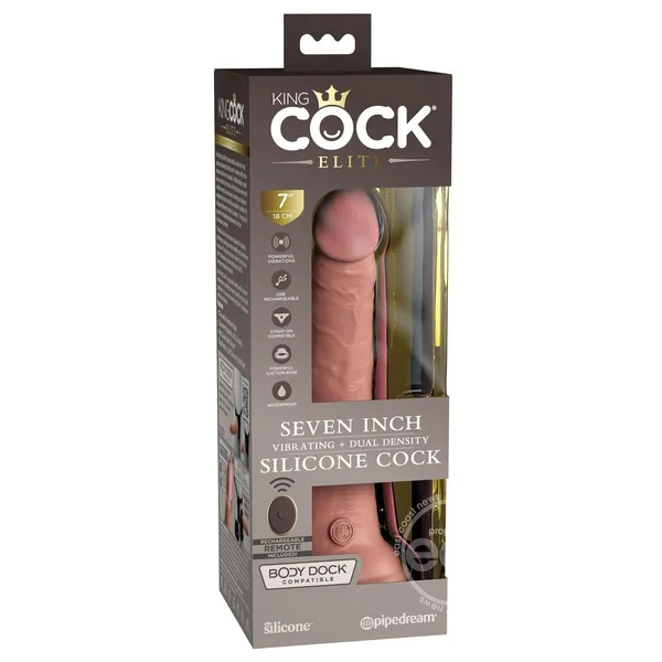 King Cock Elite Dual Density Vibrating Rechargeable Silicone with Remote Control Dildo 7in - Vanilla