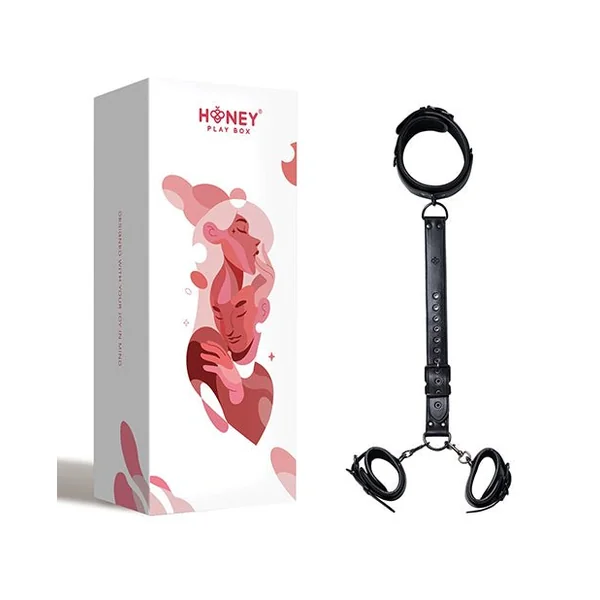 Kinky Play Box Locking Harness Collar to Wrist Restraints - Black