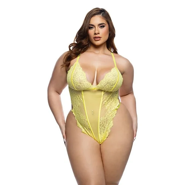 Kiss & Bloom Floral Eyelash Lace and Mesh Teddy - Yellow 1X