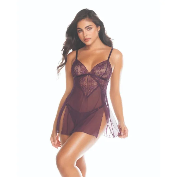 Lace and Mesh Baby Doll w/Thong - Mulberry LG