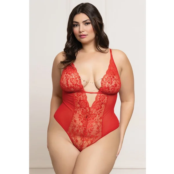Lace and Mesh Open Crotch Teddy w/Rhinestone Detail - Red QN