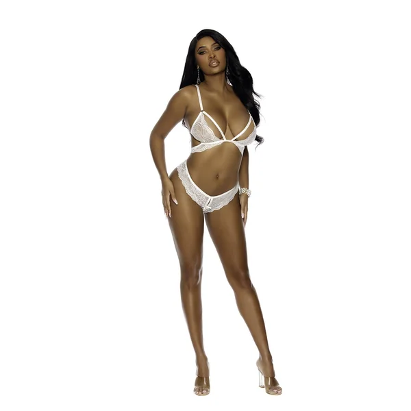 Lace bra with strappy front detail, adjustable straps, back clip closure and hook and eye closure.