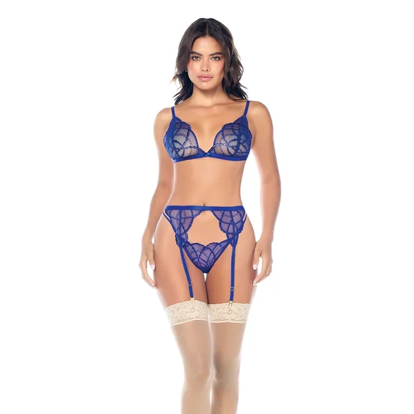 Lace Bralette w/G-String & Garter 3 pc Set - Sapphire Blue L/XL