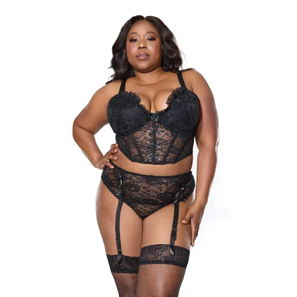 Lace Bustier w/Padded Cups & Gartered Thong Panty 2 pc Set - Black 3X/4X