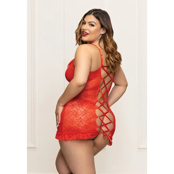 Lace Chemise w/Ruffle Trim & G-String - Red QN