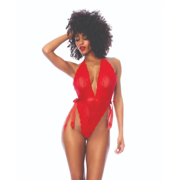 Lace Deep-V Halter Teddy w/Hook and Eye Crotch Closure - Red S/M