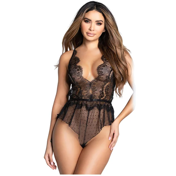 Lace Floral Deep V Neck Sheer Teddy Lingerie