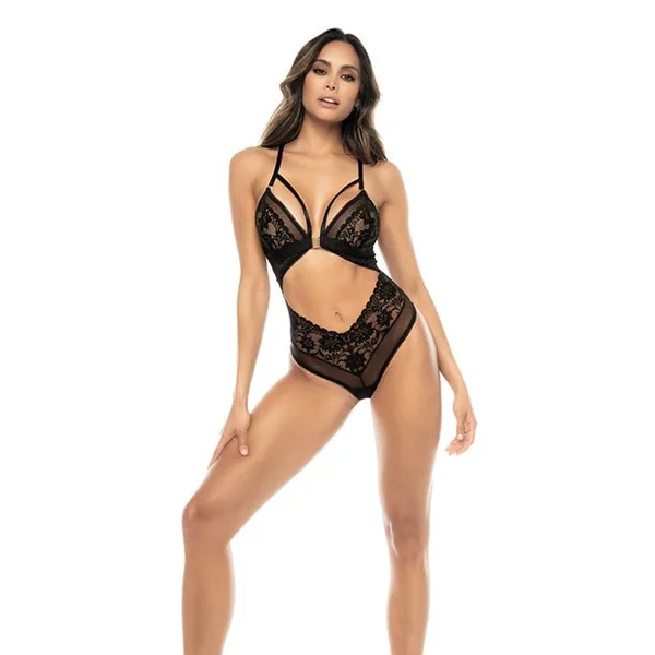 Lace & Mesh Teddy w/Front Clasp & Lace Up Back Black