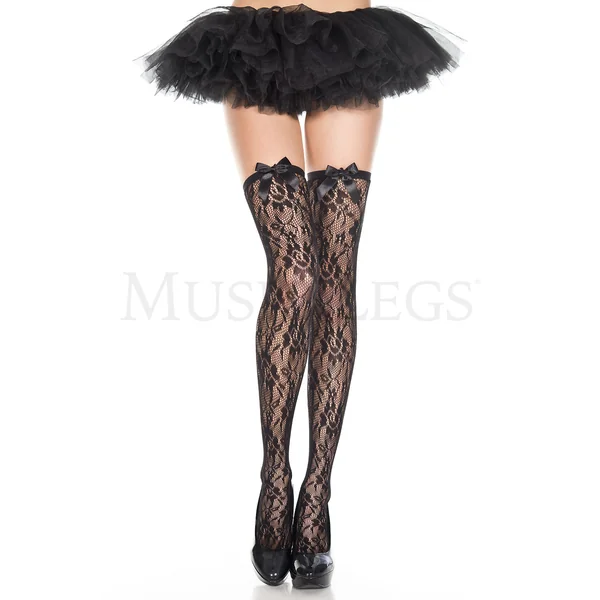 Lace Spandex Thigh Hi With Satin Bow - Black