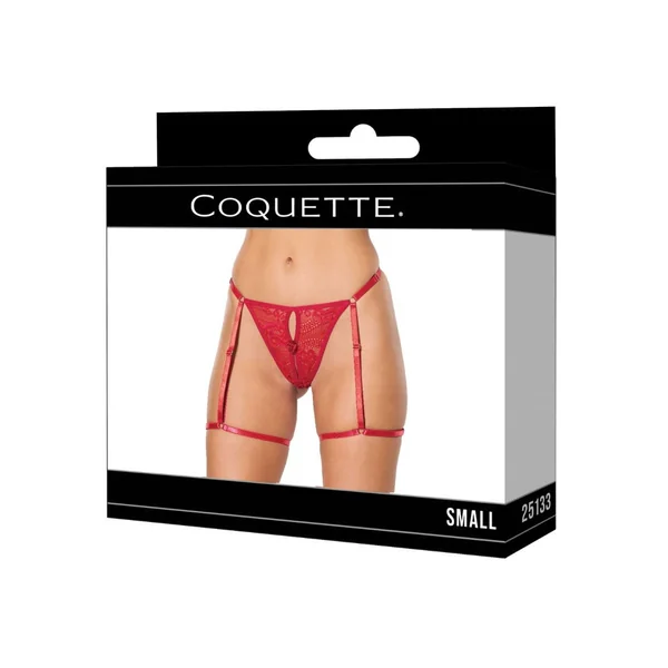 Lace Thong w/Garters and Bow Detail - Red SM