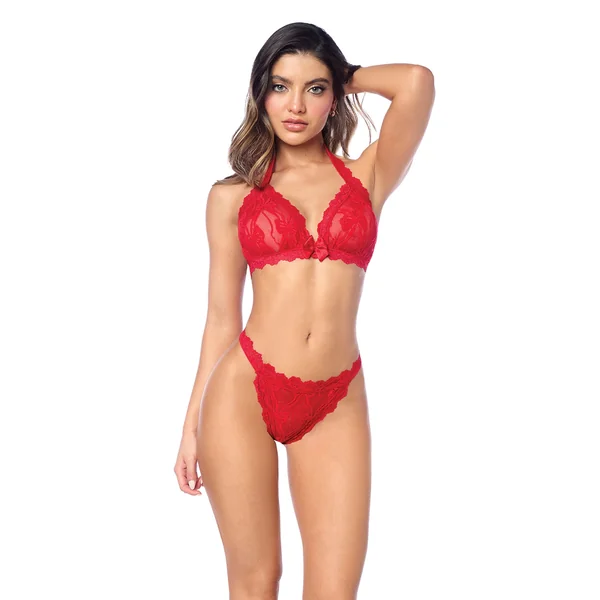 Lacy Halter Top w/Panty 2 pc Set - Red L/XL