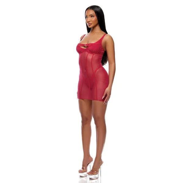 Layers To This Sheer Mesh and Knit Chemise w/Thong 2 pc Set - Pink LG
