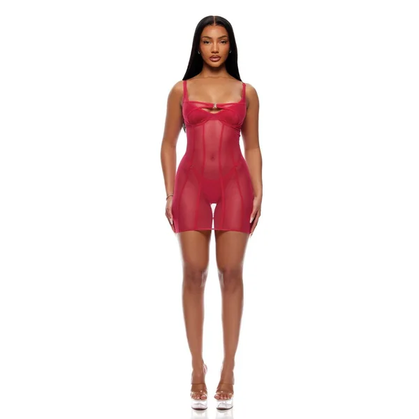 Layers To This Sheer Mesh and Knit Chemise w/Thong 2 pc Set - Pink SM
