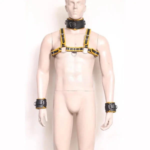 Leather Bondage Harness with Wrist Cuffs and Collar