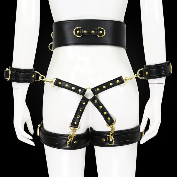 Leather Handcuffs Leg Cuffs With Waist Restraint Belt Toys