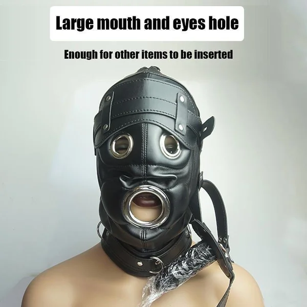 Leather Hood For Mask Removable Dildo Ball Gag B