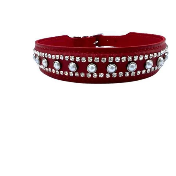 LEATHER KITTY COLLAR WITH RHINESTONES & WHITE PEARLS