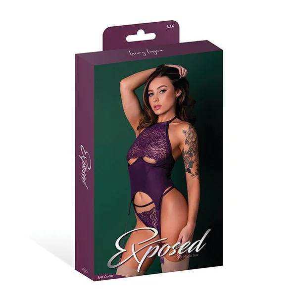 Leather & Lace Stretch Mesh and Lace Underboob Cutout Corset & Panty 2 pc Set - Plum S/M