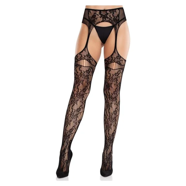 Leg Avenue Bloom Net Stockings with Cut-Out Thigh Detail and Attached Garter Belt - Black - O/S