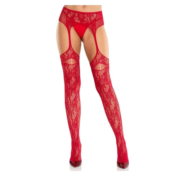 Leg Avenue Bloom Net Stockings with Cut-Out Thigh Detail and Attached Garter Belt - Red - O/S
