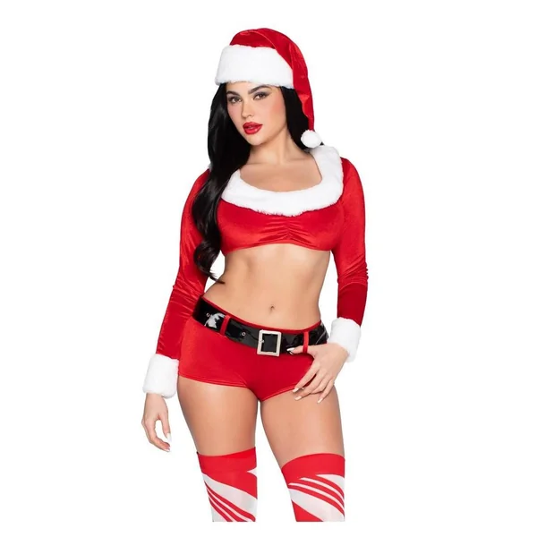 Leg Avenue Christmas Cutie Costume, Velvet Crop Top with Faux Fur Trim, Shorts, Belt and Santa Hat (4 Piece) - Red/White