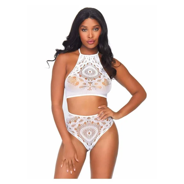 Leg Avenue Crochet Lace Halter Crop Top with Strappy Back Detail and High Waist Thong Panties (2 Piece)