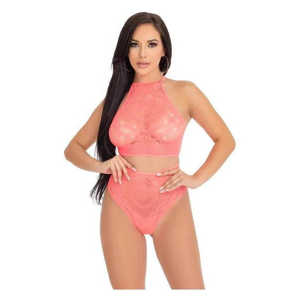 Leg Avenue Crochet Lace Halter Crop Top with Strappy Back Detail and High Waist Thong Panties (2 Piece) - Orange