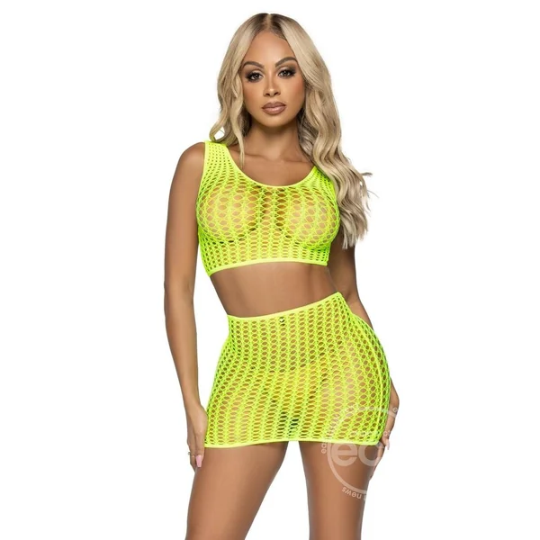 Leg Avenue Crochet Net Tank Crop Top and Mini Skirt (2 pieces) - O/S - Neon Yellow
