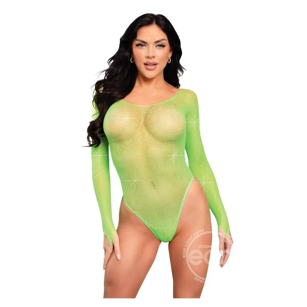 Leg Avenue Crystalized Long Sleeve Fishnet Thong Back Bodysuit with Snap Crotch - O/S - Neon Green