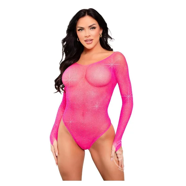 Leg Avenue Crystalized Long Sleeve Fishnet Thong Back Bodysuit with Snap Crotch - O/S - Neon Pink