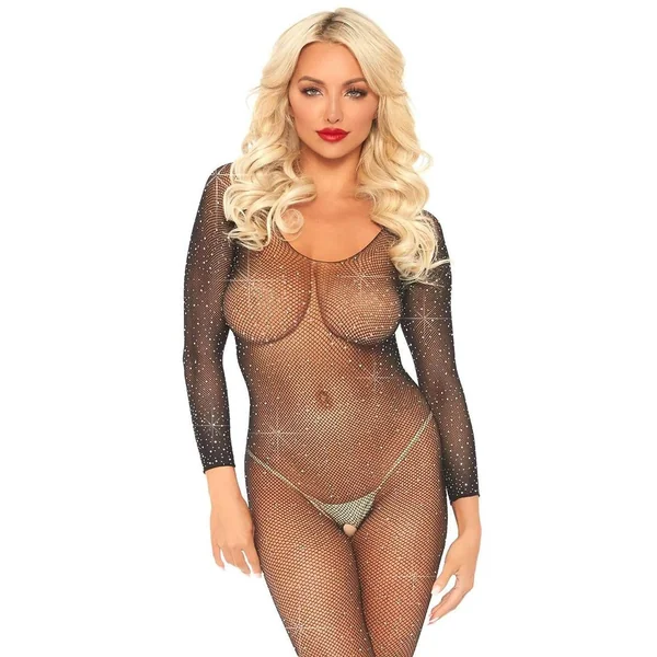 Leg Avenue Crystalized Seamless Fishnet Long Sleeved Bodysuit- OS - Black
