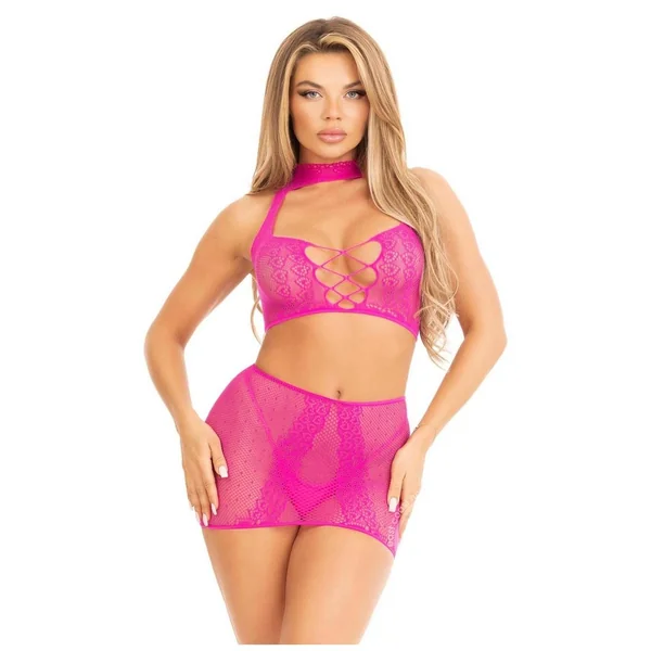 Leg Avenue Dotted Net and Lace Halter Crop Top with Faux Lace Up Front and Mini Skirt (2 Piece) - O/S - Magenta