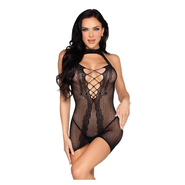 Leg Avenue Dotted Net and Lace Halter Mini Dress with Faux Lace-Up Open Back - Black - O/S