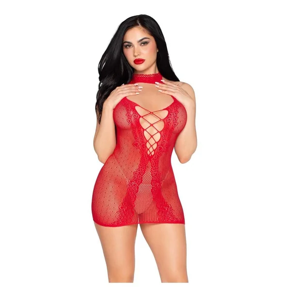 Leg Avenue Dotted Net and Lace Halter Mini Dress with Faux Lace-Up Open Back - Red - O/S