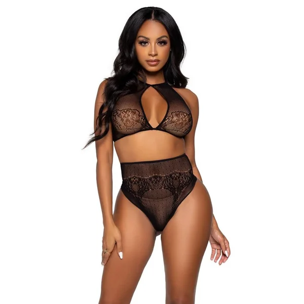 Leg Avenue Dotted Net Keyhole Halter Crop Top with Lace Accents and High Waist Thong Panty (2 pieces) - OS - Black