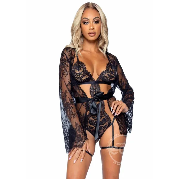 Leg Avenue Eyelash Lace Garter Teddy with G-String Back and Adjustable Straps, Lace Robe and Ribbon Tie (3 pieces) - Small - Black