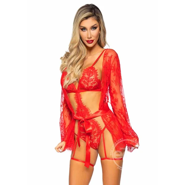 Leg Avenue Eyelash Lace Garter Teddy with G-String Back and Adjustable Straps, Lace Robe and Ribbon Tie (3 pieces) - Small - Red