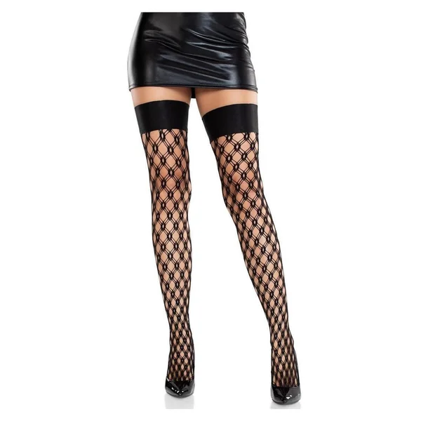 Leg Avenue Eyelet Net Thigh Highs with Satin Elastic Top - Black - O/S