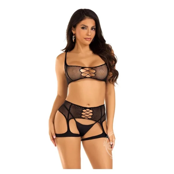 Leg Avenue Fishnet Bra Top and Garter Harness (2 Piece) - O/S - Black