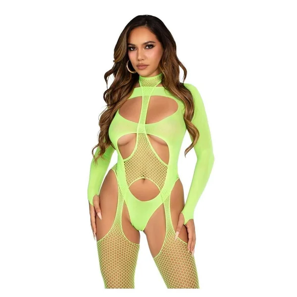 Leg Avenue Fishnet Halter Suspender Bodystocking and Layered Opaque Cut-Out Teddy (2 Piece) - Green - O/S