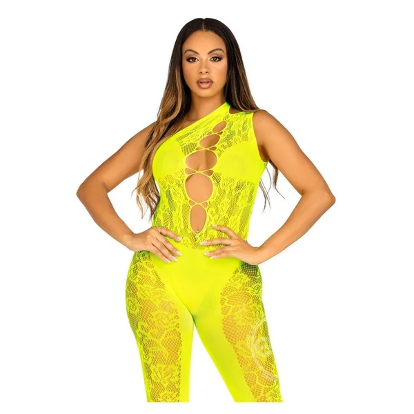 Leg Avenue Floral Lace Convertible Footless Bodystocking with Opaque Panel Detail - O/S - Neon Yellow