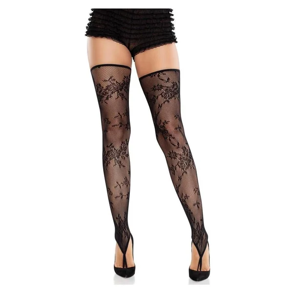 Leg Avenue Floral Net Toe Loop Footless Thigh Highs - Black - O/S