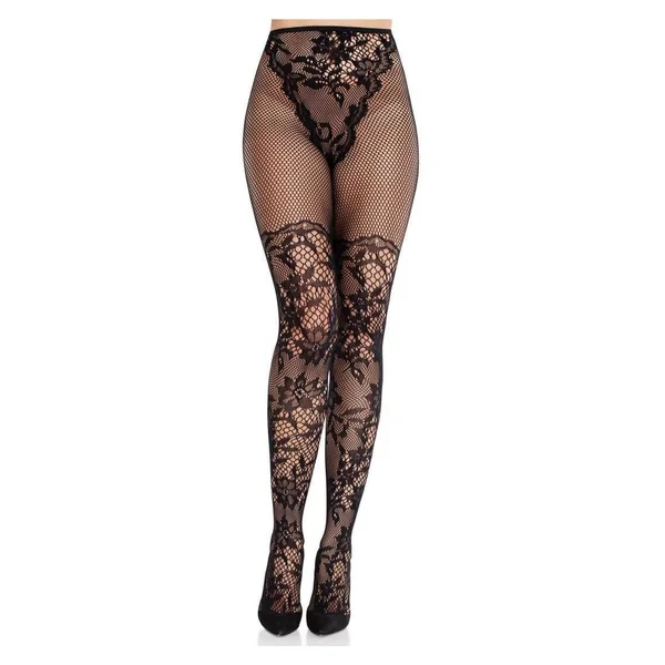 Leg Avenue French Cut Dahlia Lace Tights with Net Thigh Detail - Black - O/S