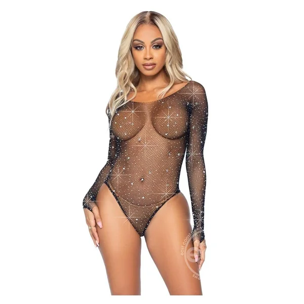 Leg Avenue Galaxy Star Rhinestone Fishnet Bodysuit with Snap Crotch - O/S - Black