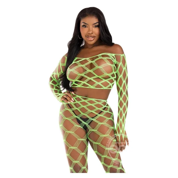 Leg Avenue Hardcore Net Crop Top and Footless Tights (2 Piece) - O/S - Neon Green