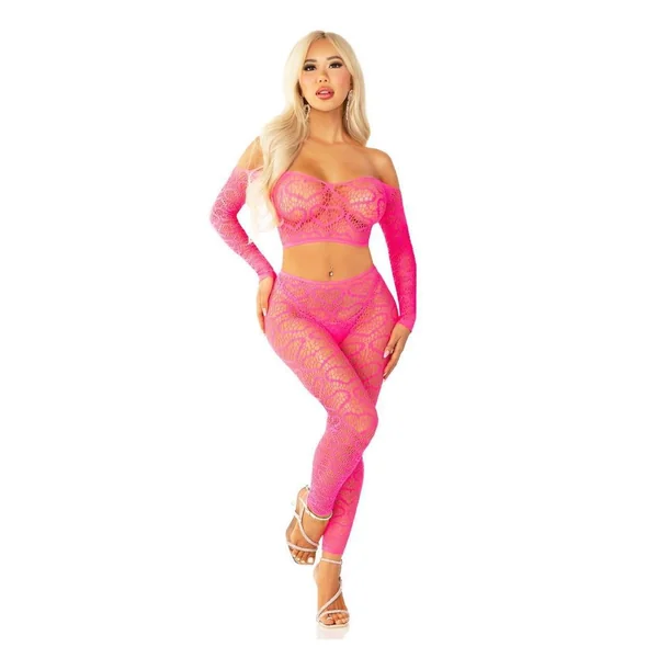 Leg Avenue Heart Net Off the Shoulder Crop Top and Footless Tights (2 Piece) - OS