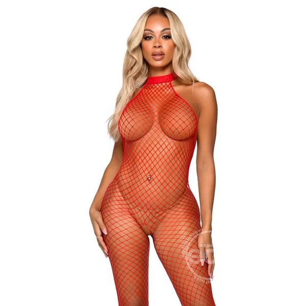 Leg Avenue Industrial Net Racer Neck Backless Bodystocking - O/S - Red
